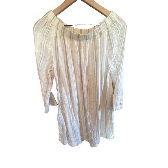 Garnet Hill Off Shoulder 3/4 Sleeve Dress White Tan Stripe Size Small - Picture 1 of 3